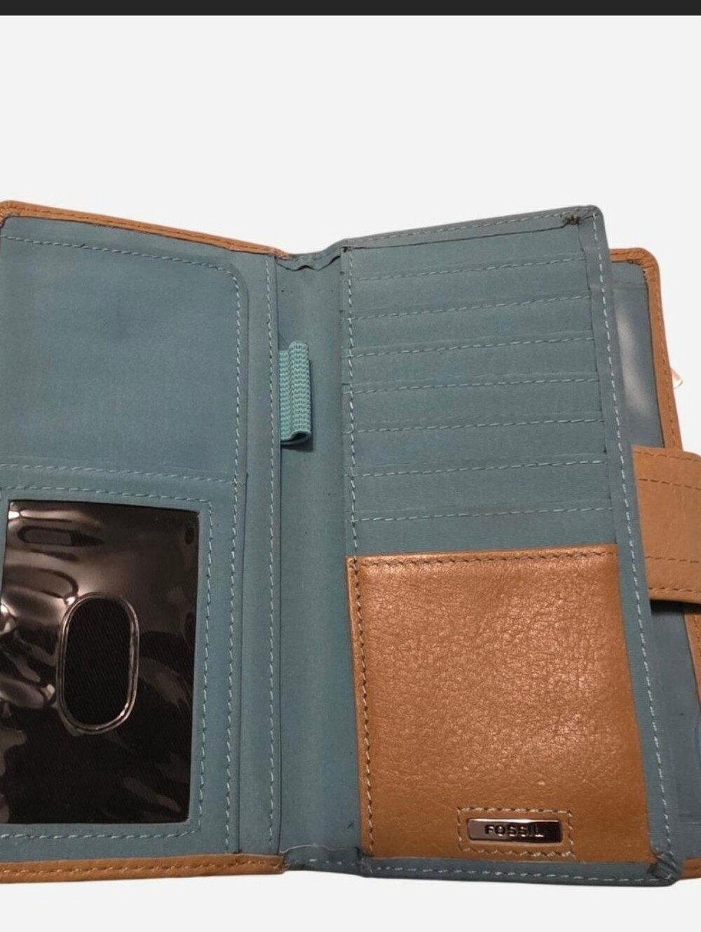 Fossil Two-Tone Teal & Tan Wallet / Checkbook Organizer